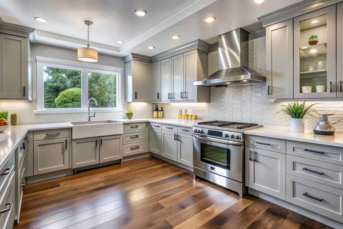 A hand painted kitchen with pale grey cabinets, a farmhouse sink and a wooden floor